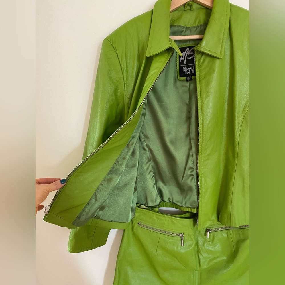 Vintage Lime Green Maxima Leather Skirt & Jacket Set